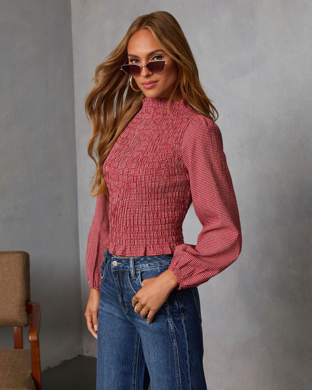 Emberlin Smocked Mock Neck Top